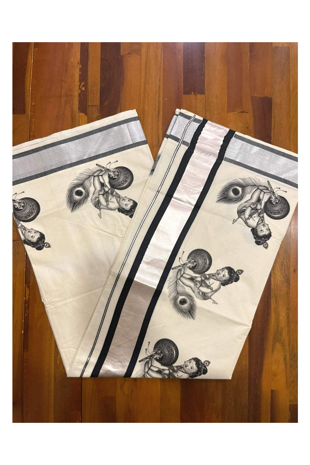 Pure Cotton Kerala Silver Kasavu Saree with Baby Krishna Mural Prints and Black Border (Onam Saree 2023)