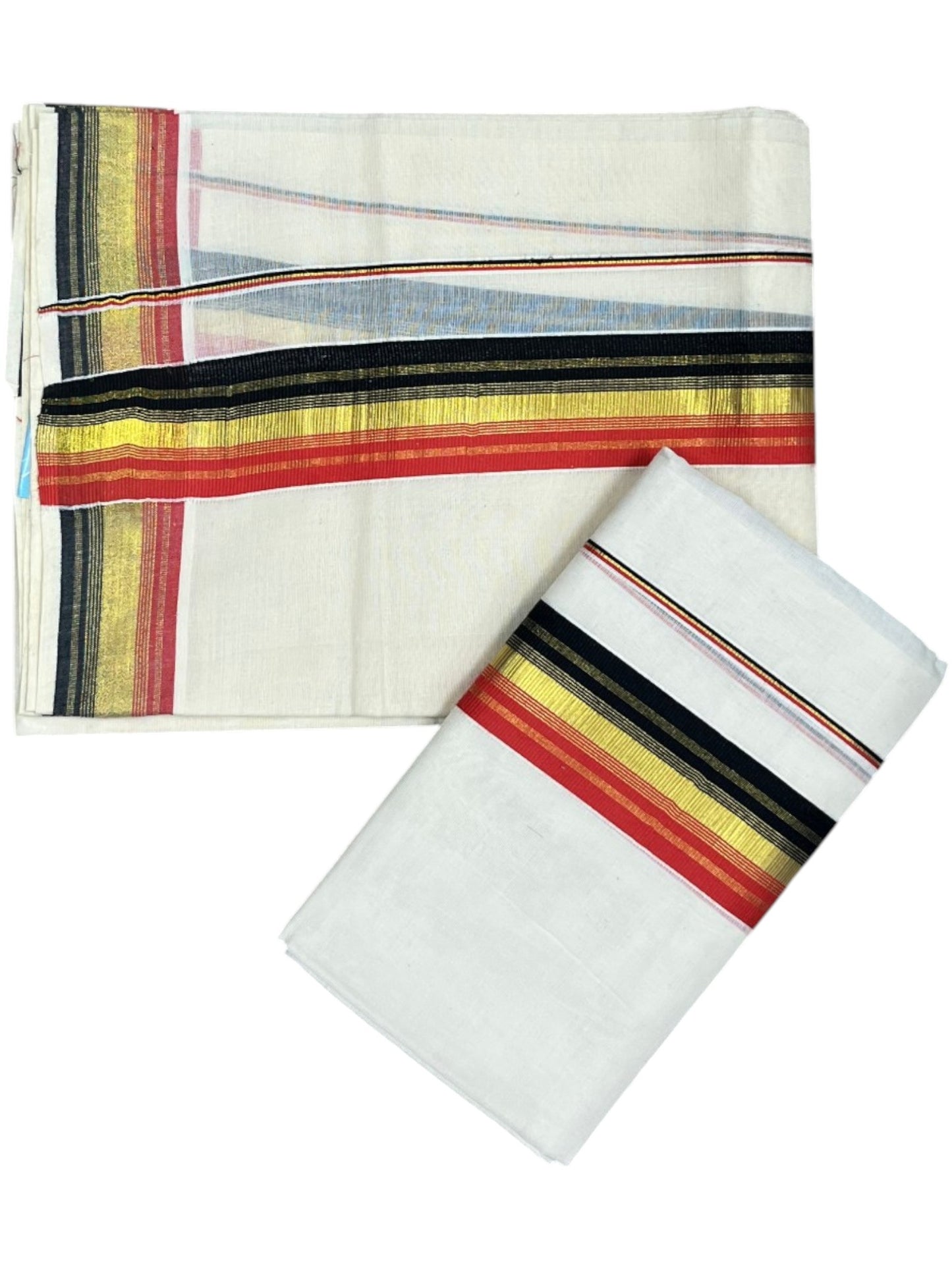 Southloom Kerala Cotton Kasavu Single Set Mundu (Mundum Neriyathum) with Black and Orange Kasavu Border SLKK SL480