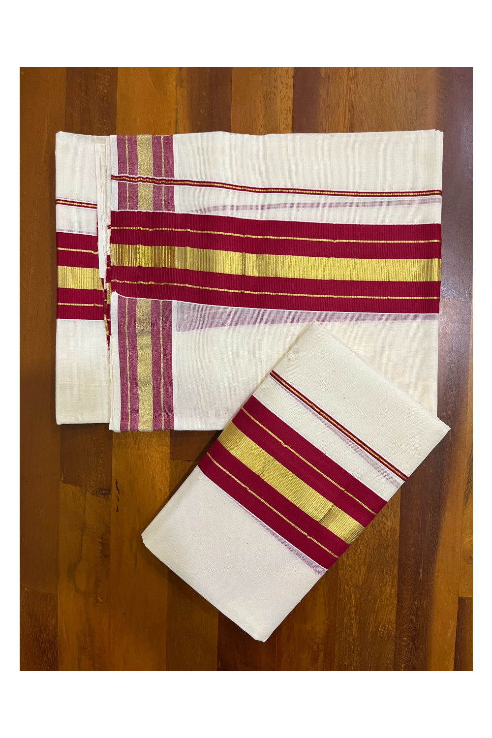 Kerala Cotton Set Mundu (Mundum Neriyathum) with Maroon and Kasavu Border 2.80 Mtrs