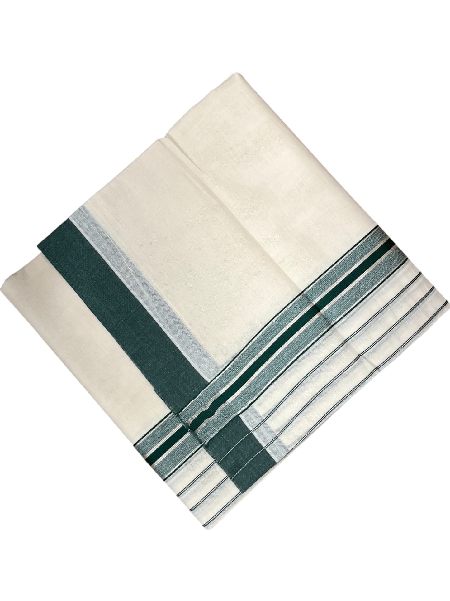 Southloom Kerala Pure Cotton Double Mundu with Green And Silver Lines Border (South Indian Dhoti)