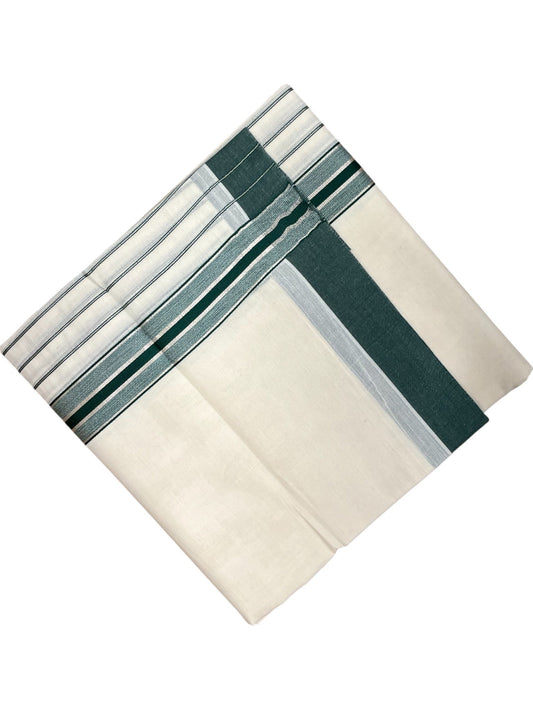 Southloom Kerala Pure Cotton Double Mundu with Green And Silver Lines Border (South Indian Dhoti)