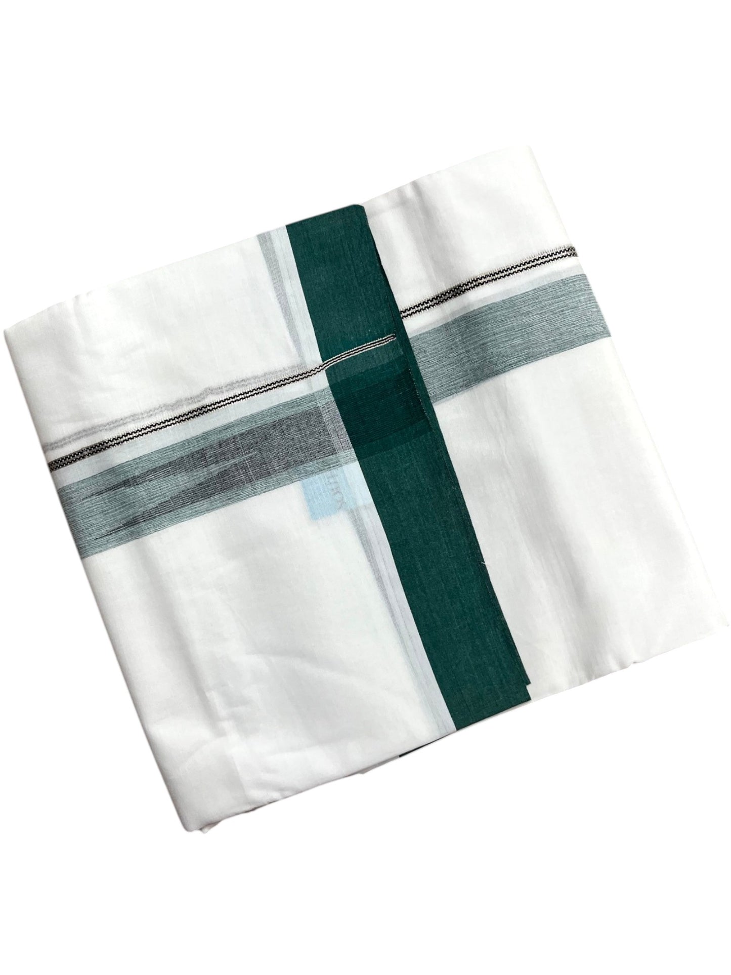 Southloom Pure White Cotton Mundu with Green Border (South Indian Kerala Dhoti)