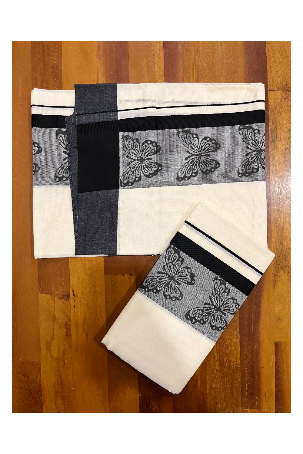 Pure Cotton Kerala Single Set Mundu (Mundum Neriyathum) with Black Block Printed Border