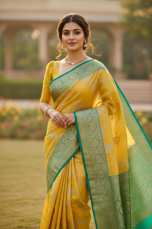 Southloom Tissue Banarasi Silk Saree with Woven Work on Body and Borders (Yellow)