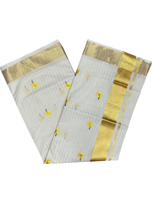 Southloom Cotton Kerala Kasavu Lines Saree with Yellow Floral Embroidery Work on Body