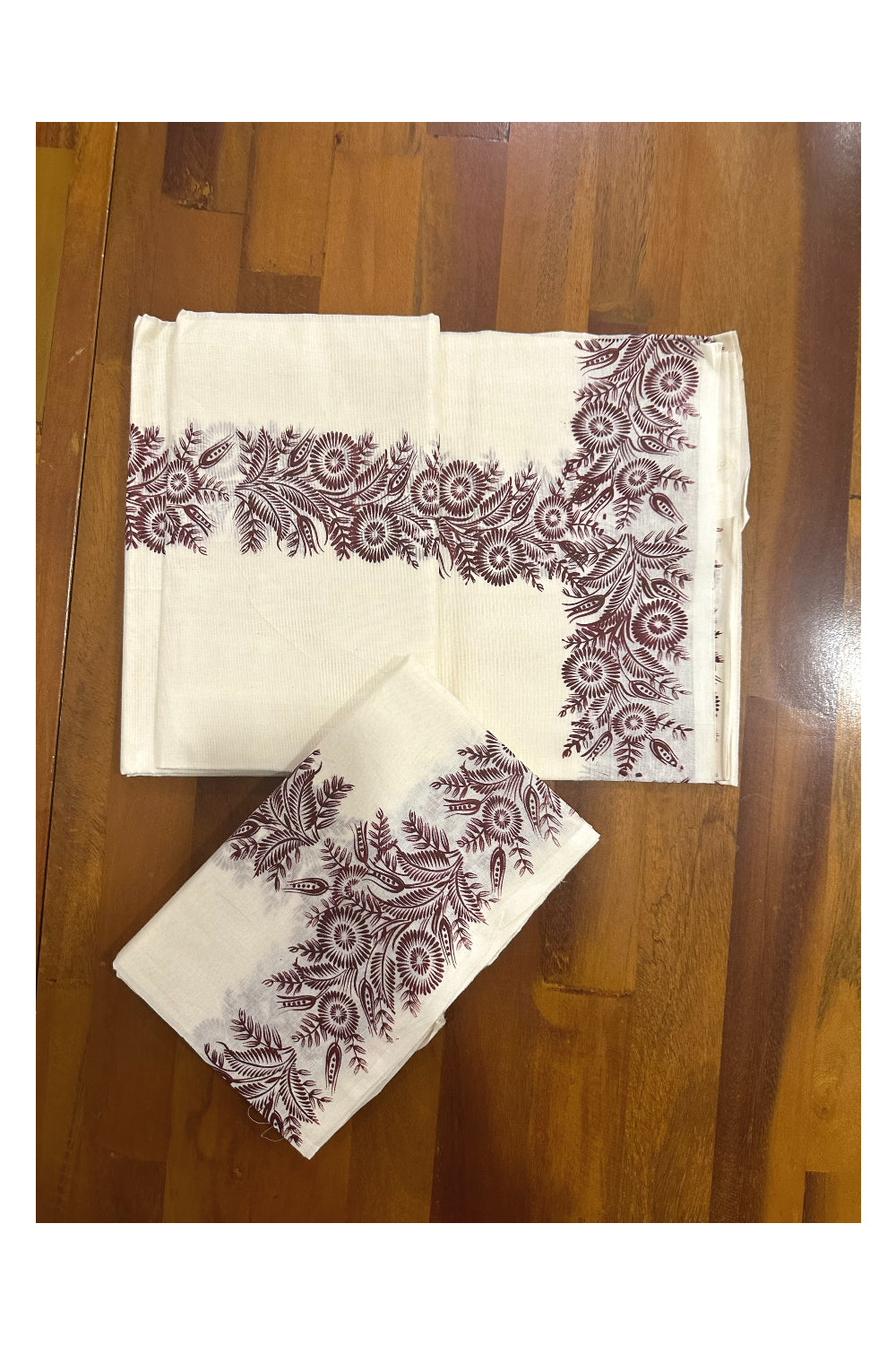 Kerala Cotton Set Mundu (Mundum Neriyathum) with Brown Floral Block Printed Border (Onam Set Mundu 2023)