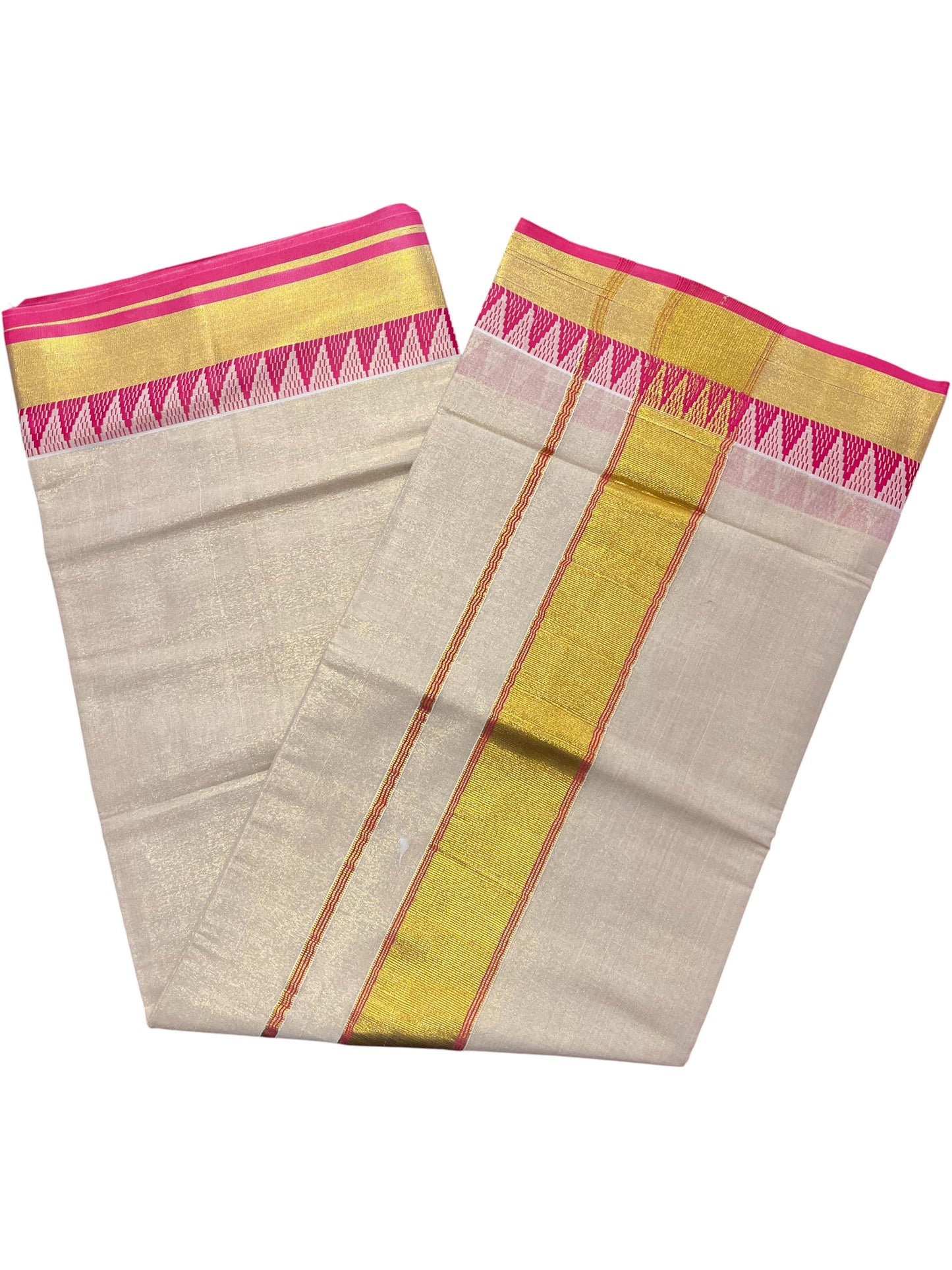 Southloom Pure Cotton Kerala Kasavu Saree with Pink Temple Border