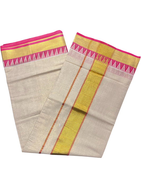 Southloom Pure Cotton Kerala Kasavu Saree with Pink Temple Border