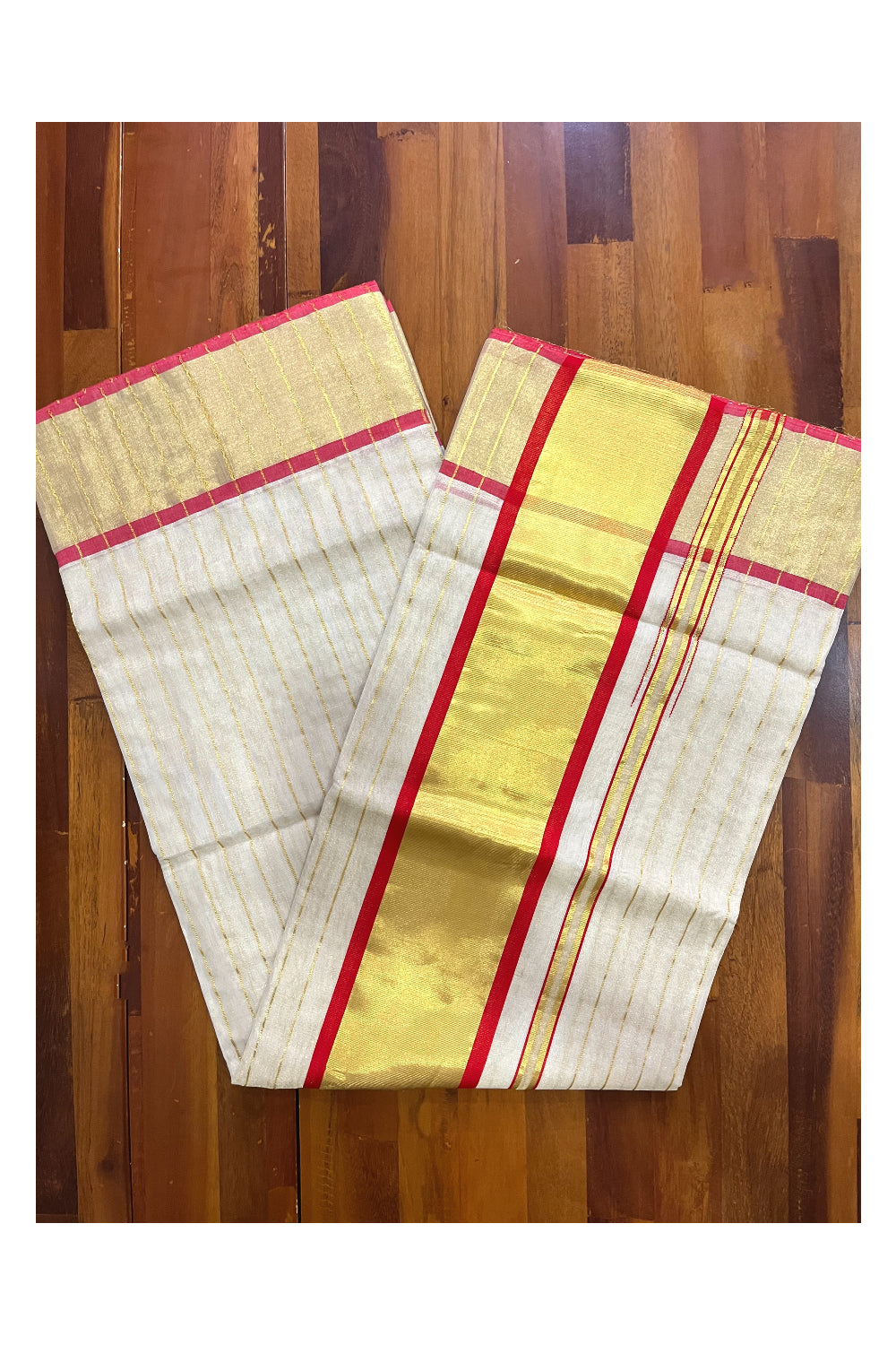 Southloom™ Premium Handloom Tissue Saree with Kasavu Lines Designs Across Body and Orangish Red Border