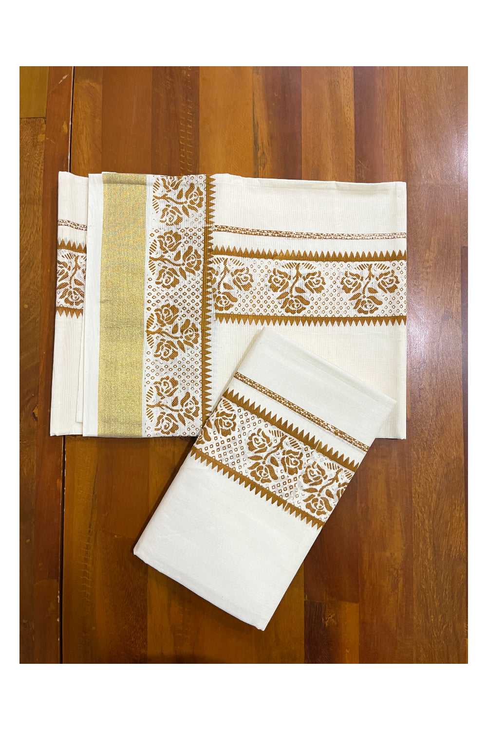 Kerala Cotton Single Set Mundu (Mundum Neriyathum) with Light Brown Block Prints and Kasavu Border - 2.80Mtrs