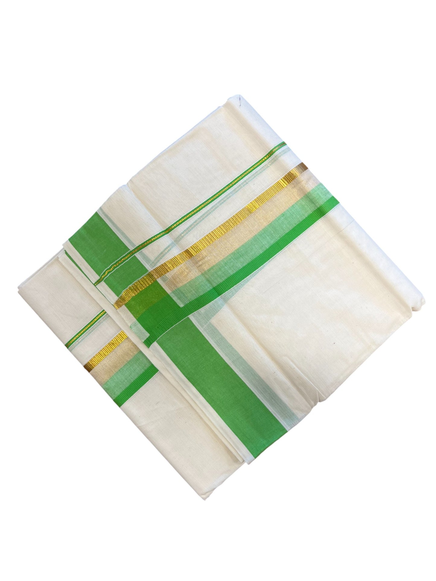 Southloom Kerala Pure Cotton Double Mundu with Gold Lines & Green Border (South Indian Dhoti)