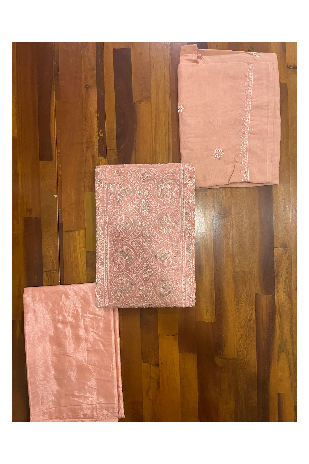 Southloom™ Semi Tussar Pink Churidar Salwar Suit Material with Thread Work and Sequins Designs