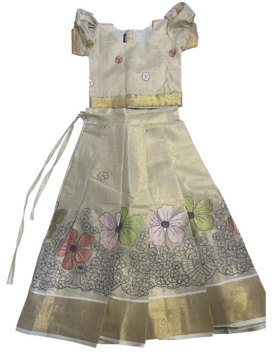 Southloom Kerala Tissue Kasavu Pavada Blouse with Embroidery Work for Kids (Age 2)