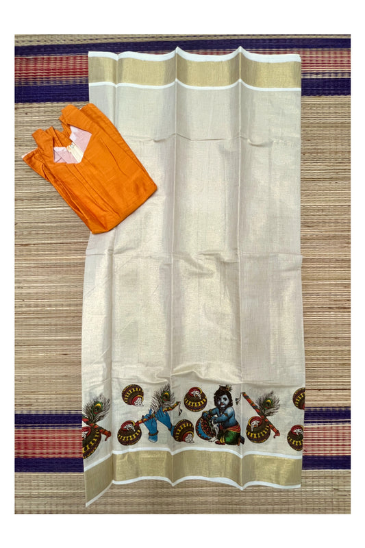 Semi Stitched Pavada Blouse with Tissue Mural Prints and Orange Designs