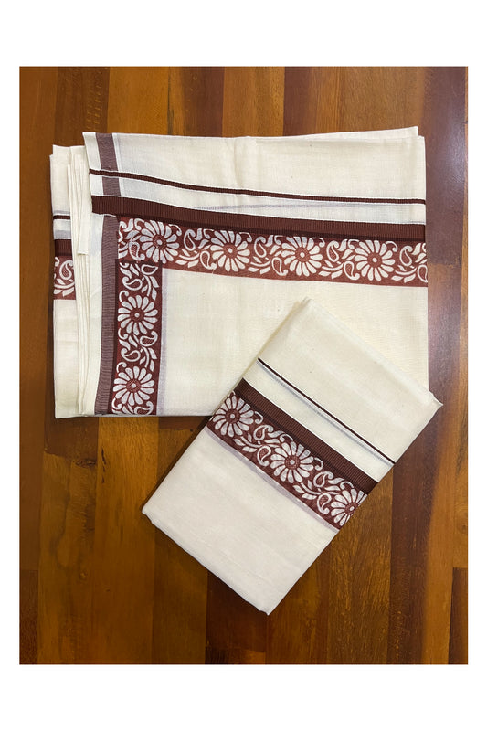 Kerala Cotton Kasavu Single Set Mundu (Mundum Neriyathum) with Brown Kara and  Block prints (Onam 2024 Collection)