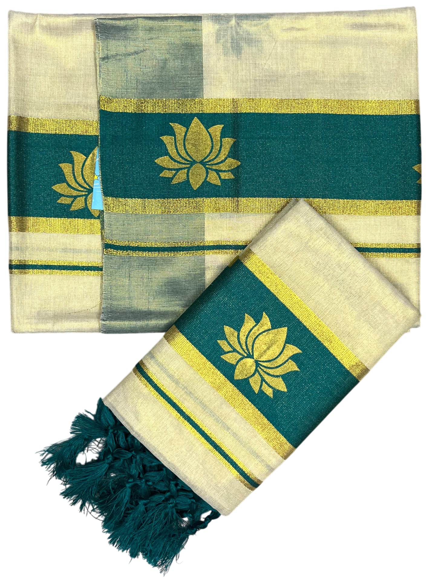 Southloom Kerala Cotton Kasavu Single Set Mundu (Mundum Neriyathum) with Lotus Design in Peacock Green