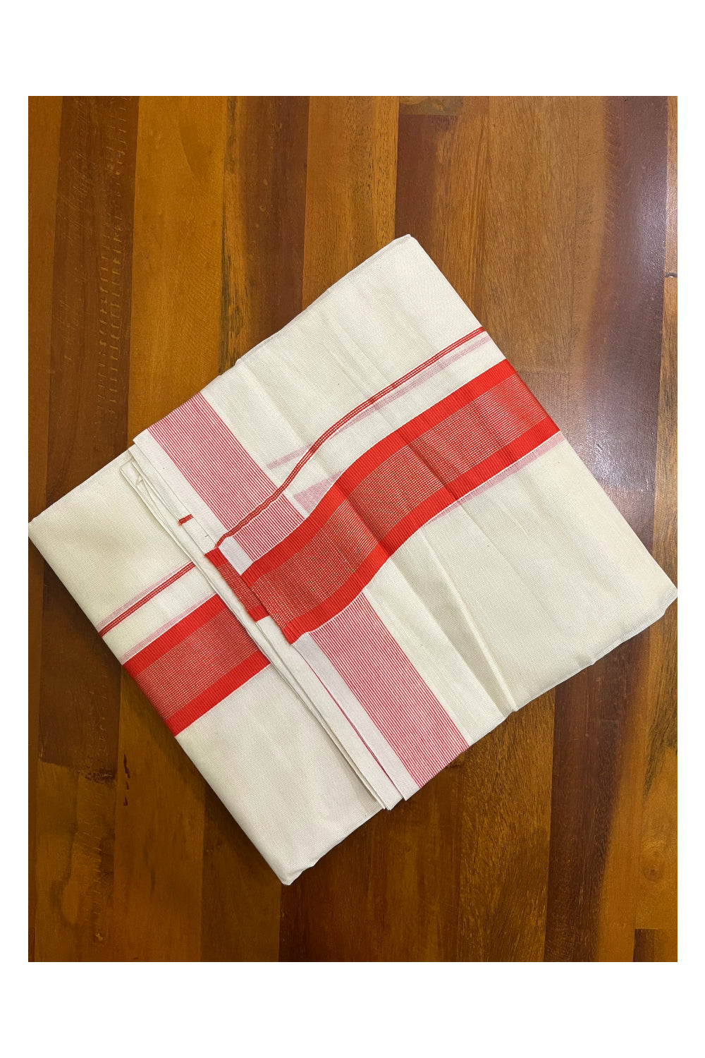 Kerala Pure Cotton Double Mundu with Orange and Silver Kasavu Border (South Indian Kerala Dhoti)