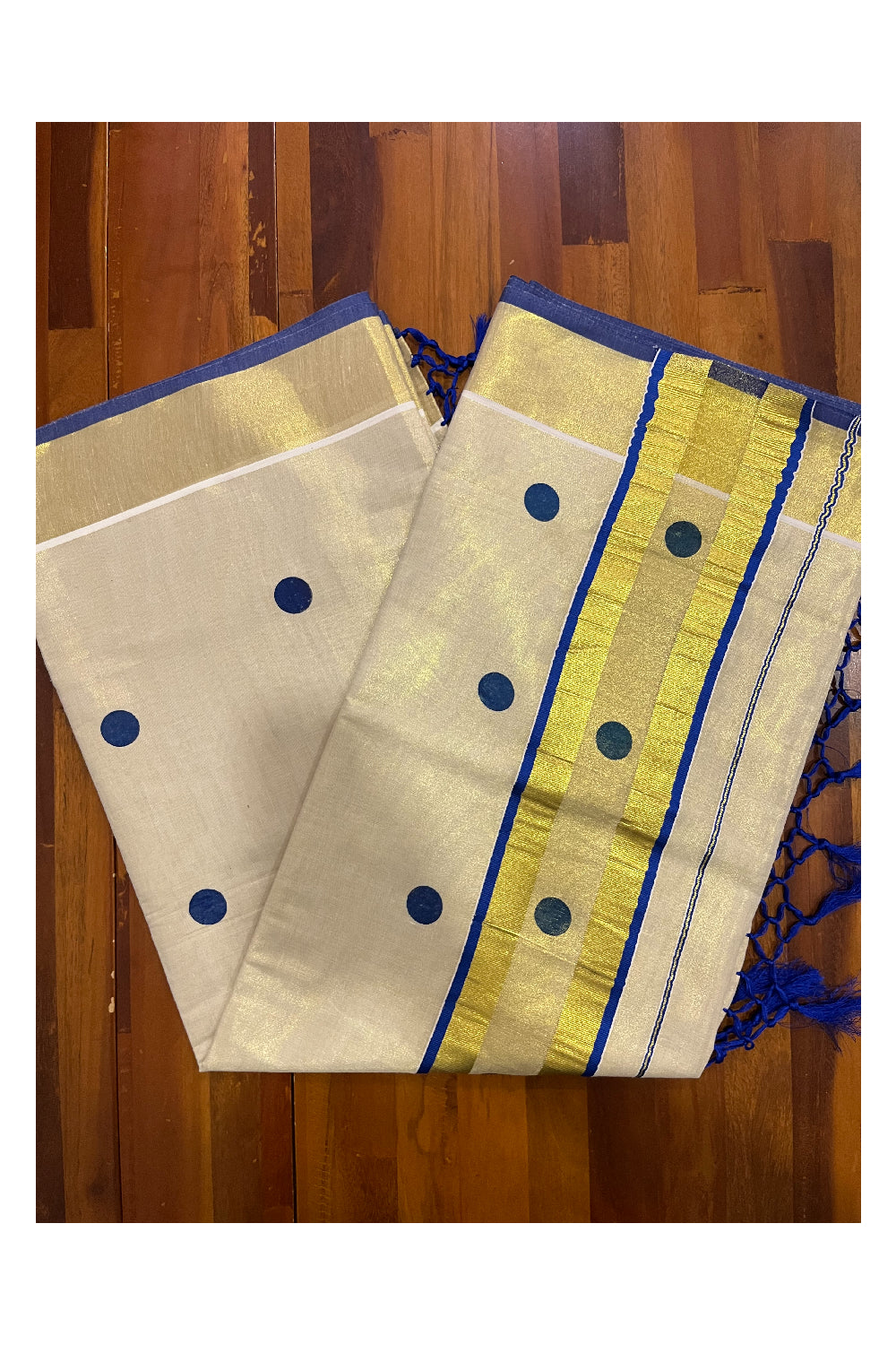 Kerala Tissue Kasavu Saree with Blue Polka Block Prints on Body and Tassels Works