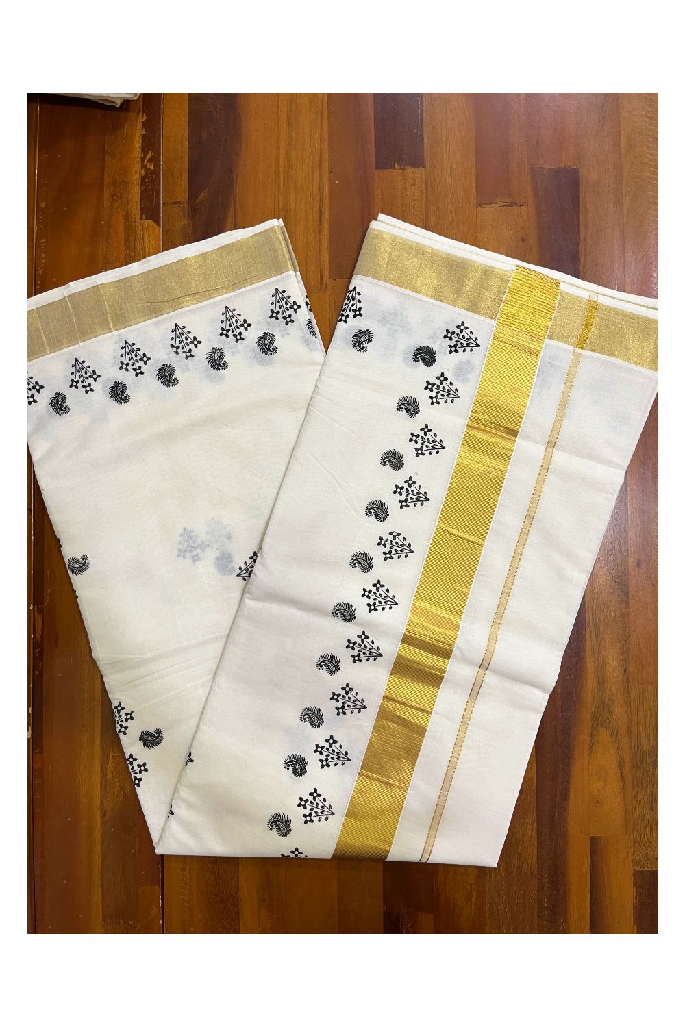 Pure Cotton Kerala Kasavu Saree with Black Block Prints and Kasavu Border