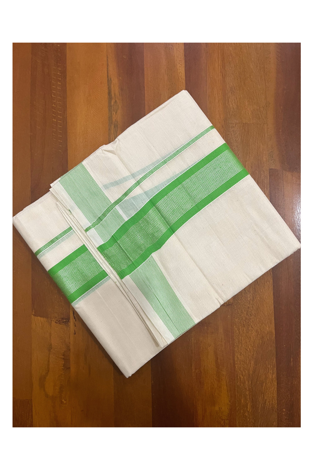 Pure Cotton Double Mundu with Light Green and Silver Kasavu Kara (South Indian Kerala Dhoti)