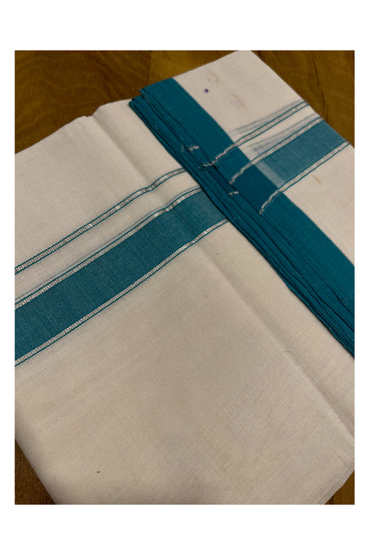 Premium Balaramapuram Handloom Unakkupaavu 1 inch Double Mundu with Silver Kasavu and Green Kara