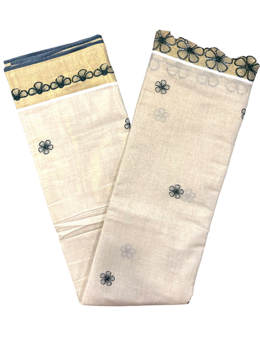 Southloom Kerala Tissue Kasavu Saree with Green Floral Embroidery on Body and Border