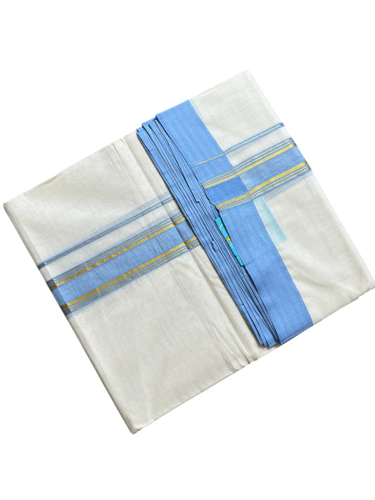 Southloom Pure Cotton Mundu with Golden Lines and Blue Border (South Indian Kerala Dhoti)