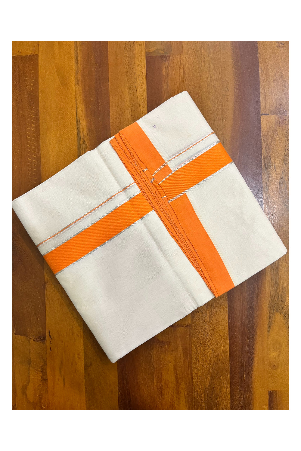 Premium Balaramapuram Handloom Unakkupaavu Cotton Double Mundu with Orange and Silver Kasavu Border (Onam 2024 Collection)