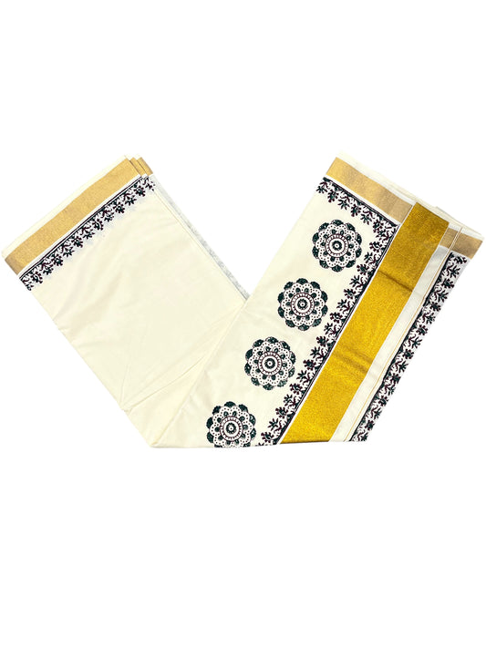 Southloom Cotton Kerala Kasavu Saree with Green and Brown Block Prints On Border