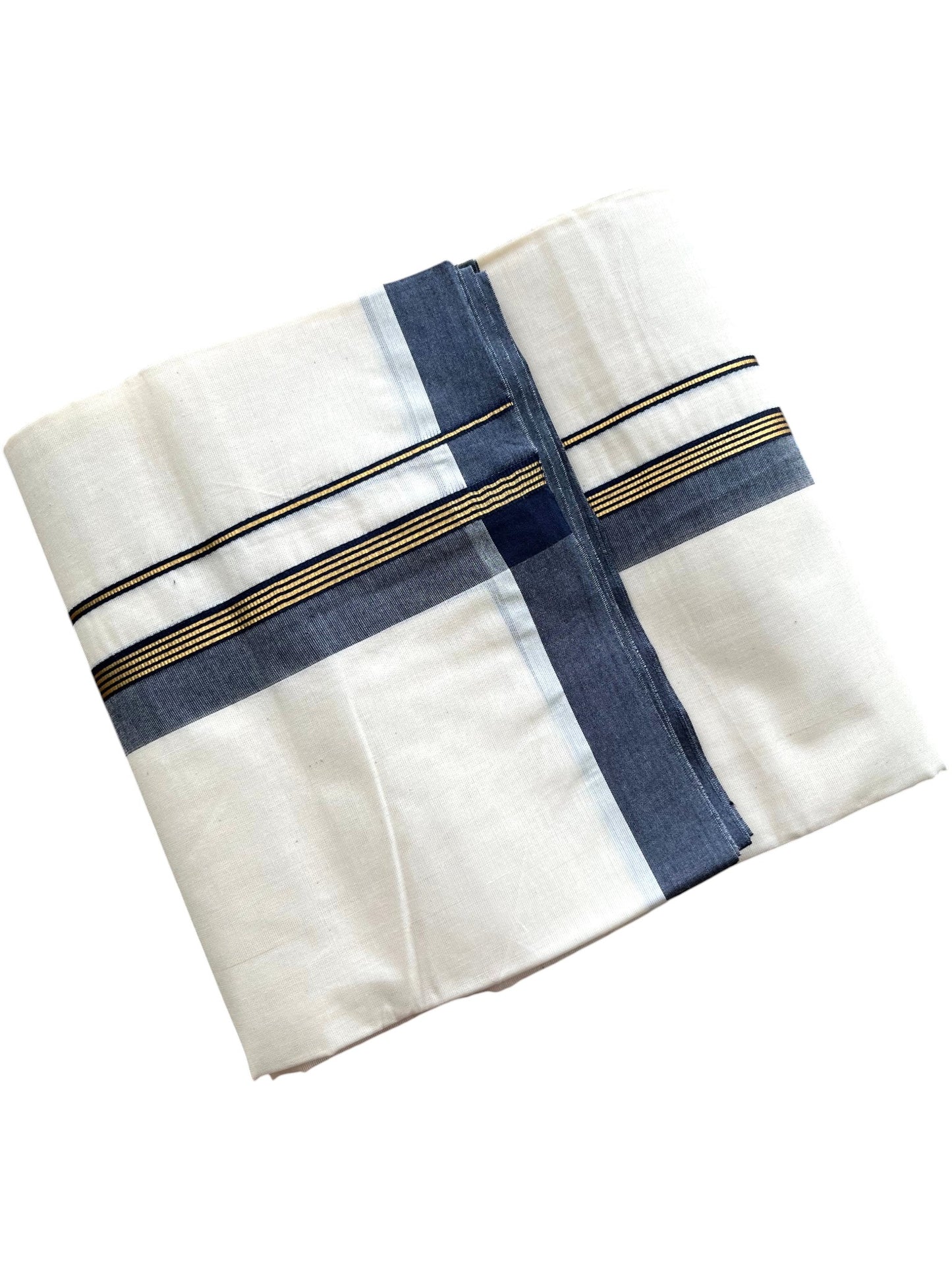 Southloom Pure Cotton Mundu with Golden Lines and Blue Border (South Indian Kerala Dhoti)