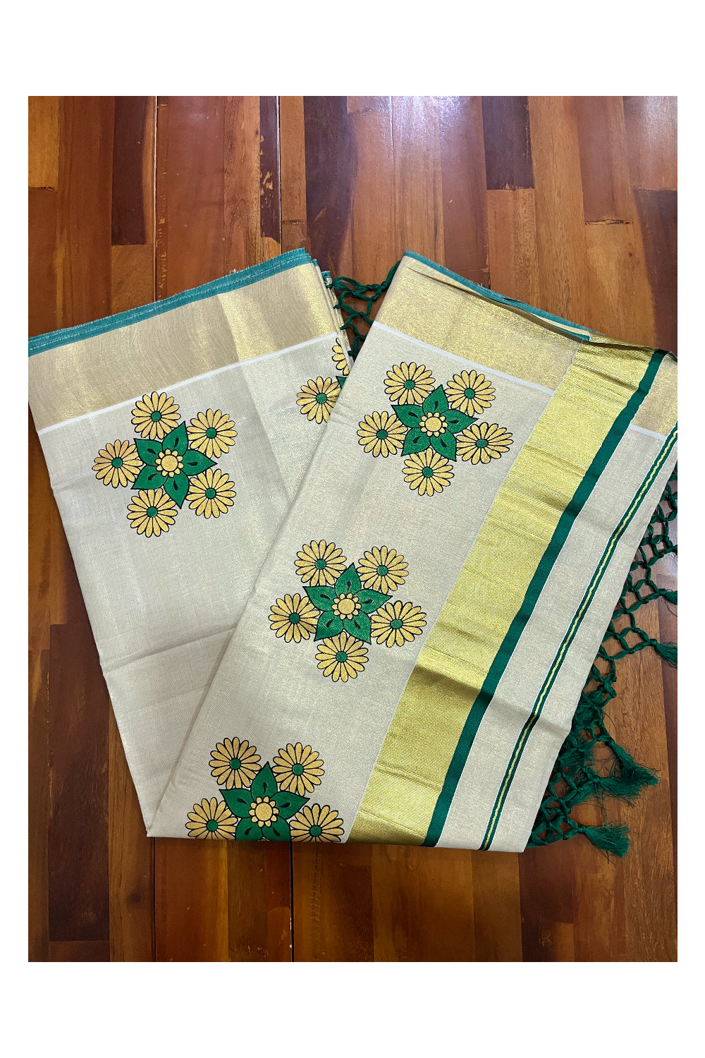 Kerala Tissue Kasavu Saree with Mural Floral Printed Design and Green Border