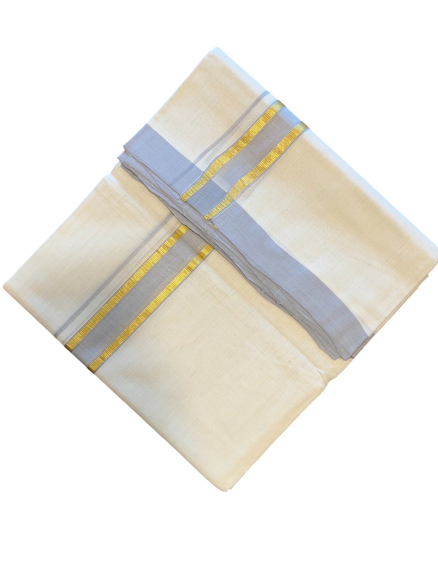 Southloom Premium Handloom Cotton Double Mundu with Gold and Grey Border