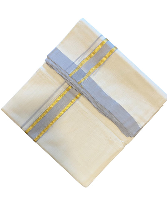 Southloom Premium Handloom Cotton Double Mundu with Gold and Grey Border