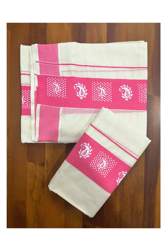Kerala Cotton Single Set Mundu (Mundum Neriyathum) with Block Prints on Pink Border