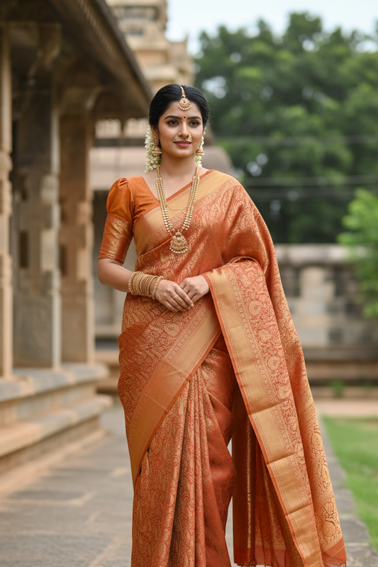 Southloom Brocade Silk Bridal Saree WIth Woven Borders in Bridal Orange With Matching Pallu