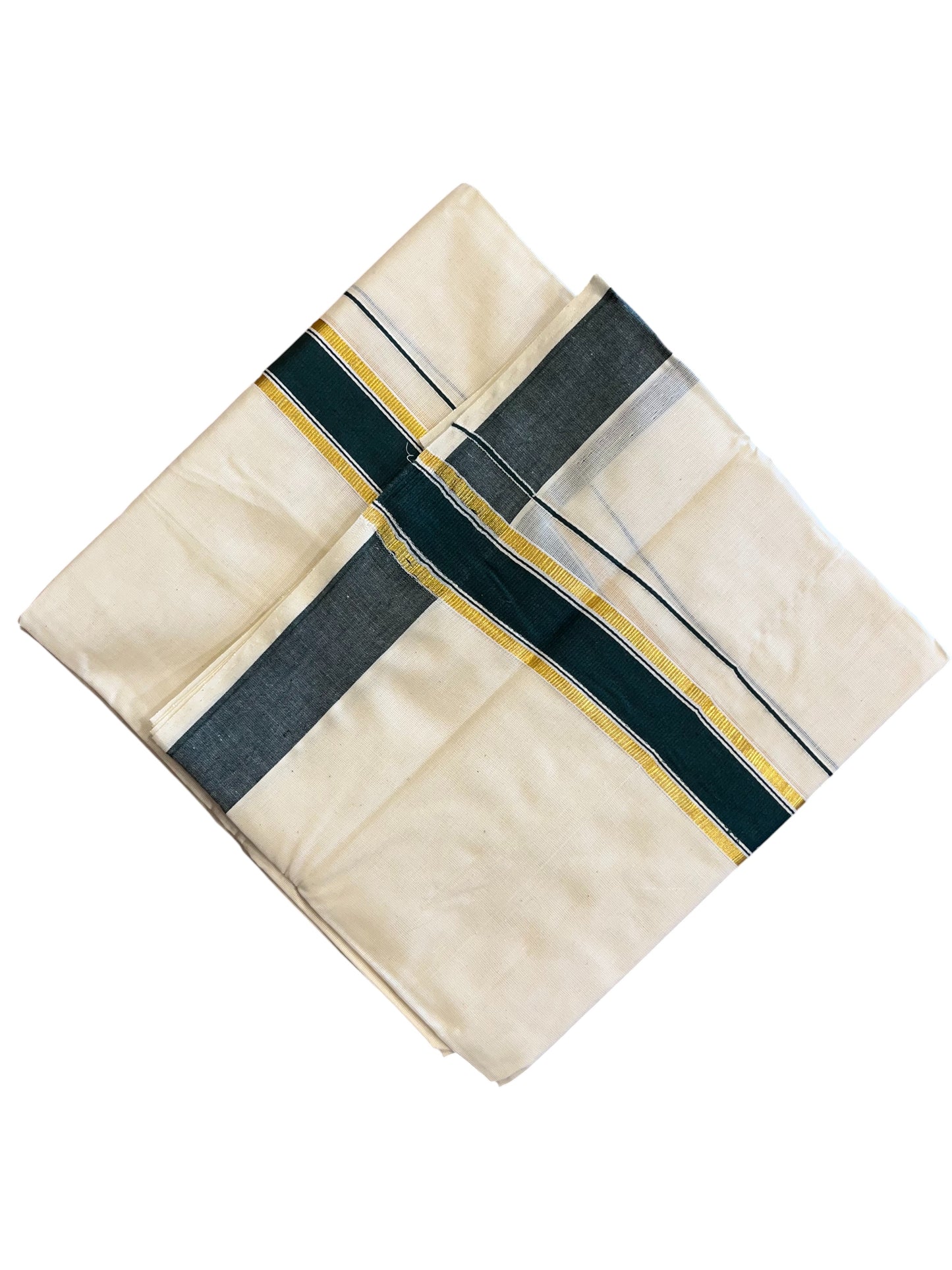 Southloom Pure Cotton Mundu with Gold Kasavu and Dark Green Colour Border (South Indian Kerala Dhoti)