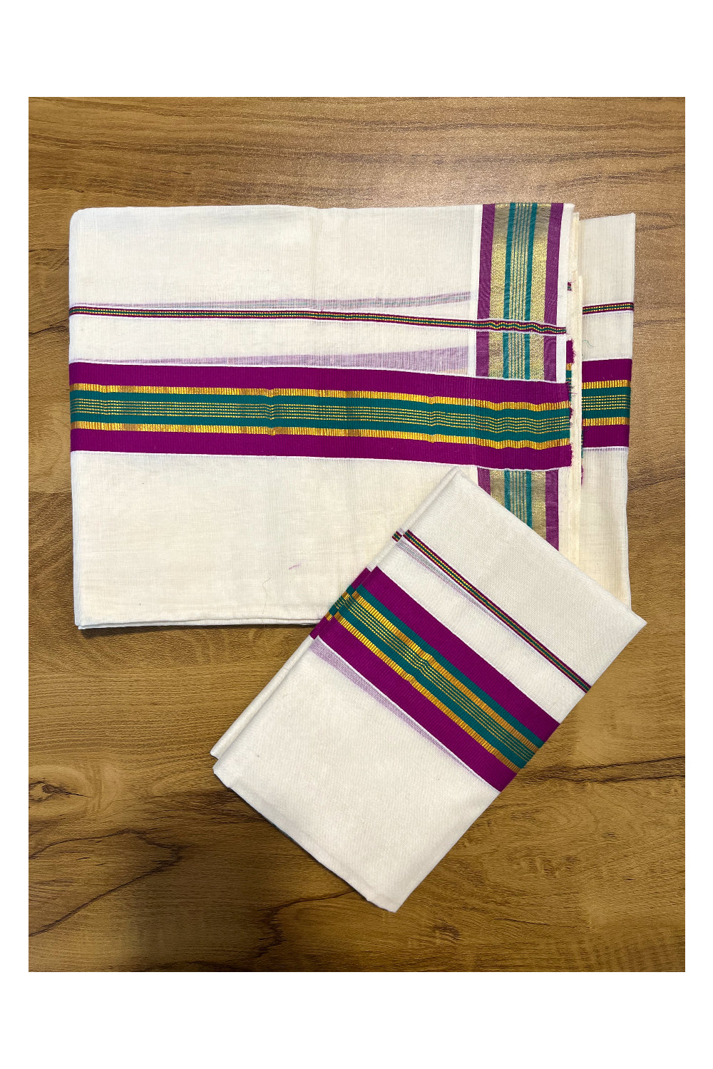 Kerala Cotton Kasavu Set Mundu (Mundum Neriyathum) with Green and Magenta Border