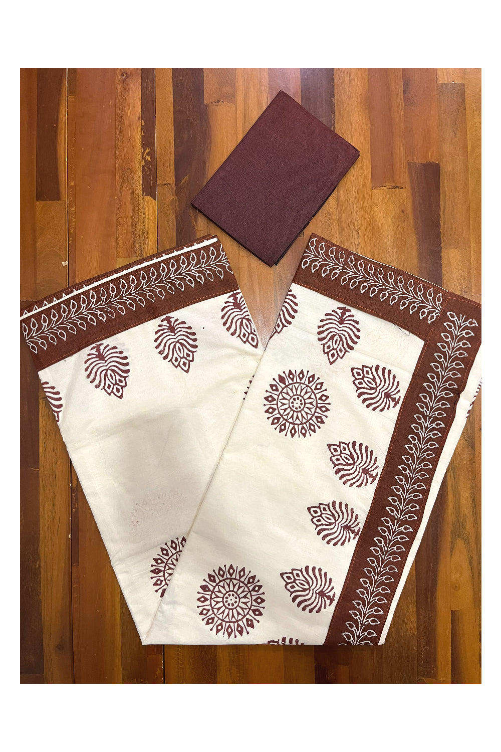 Pure Cotton Onam 2023 Kerala Saree with Hand Block Maroon Batik Prints