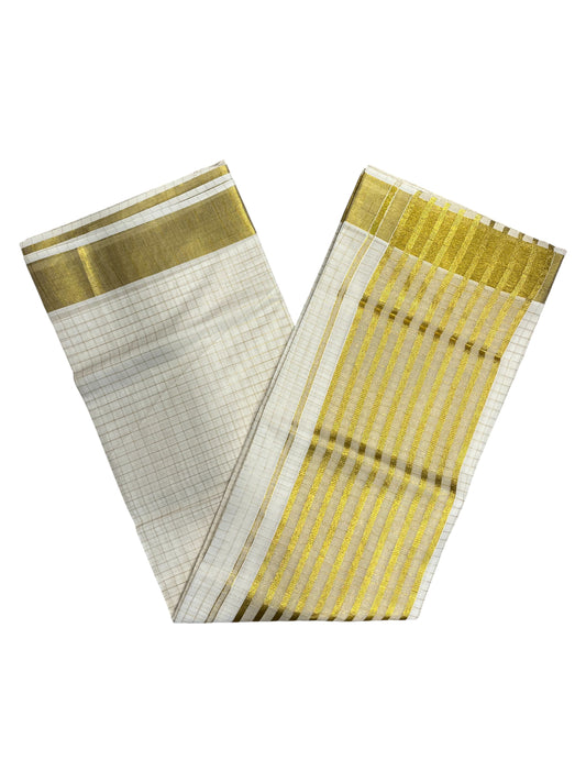 Pure Cotton Kerala Saree with Gold Check Designs Across Body