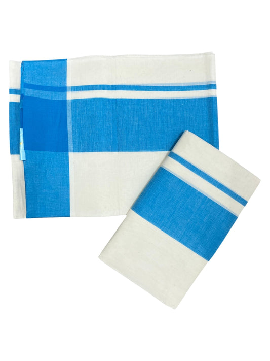 Southloom Pure Cotton Kerala Single Mulloth Set Mundu (Mundum Neriyathum) Blue Border in 2.80 mtrs SL243