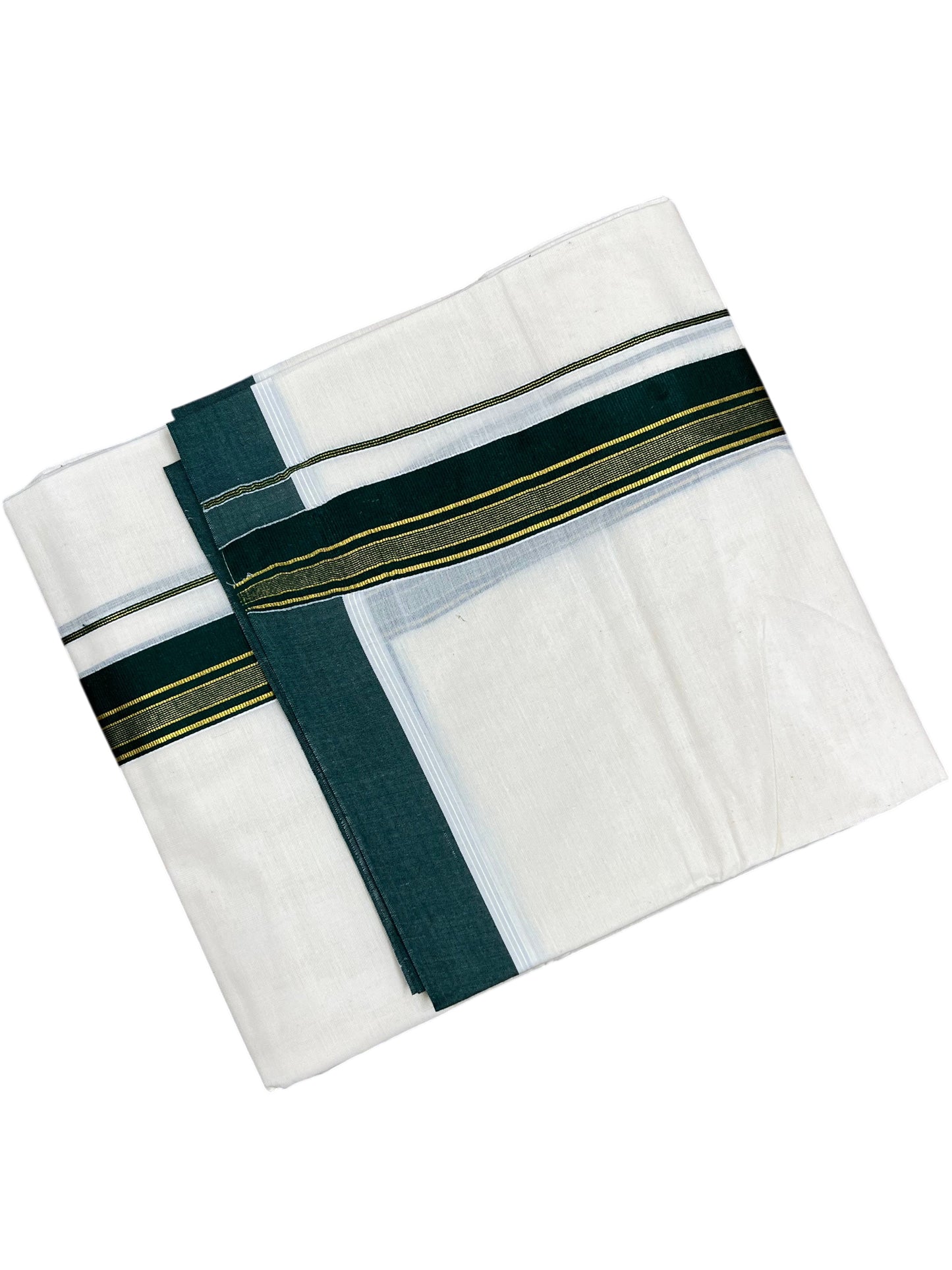 Southloom Pure Cotton Mundu with Green & Gold Kasavu Border (South Indian Kerala Dhoti)
