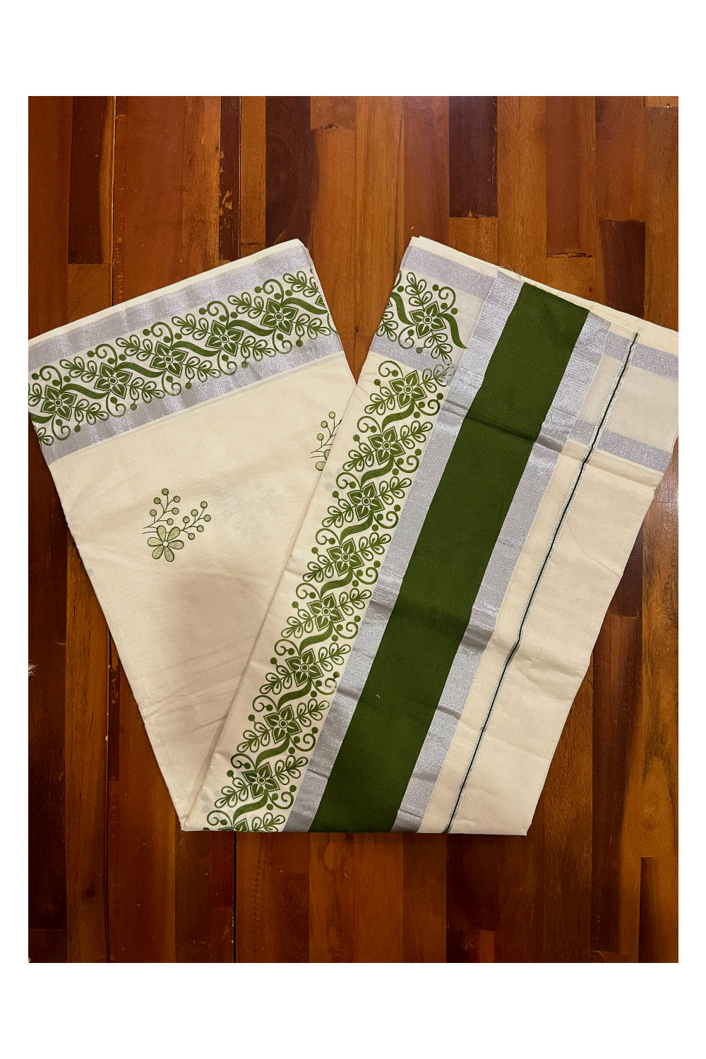 Pure Cotton Off White Kerala Saree with Green Floral Block Printed Silver Border (Onam Saree 2023)