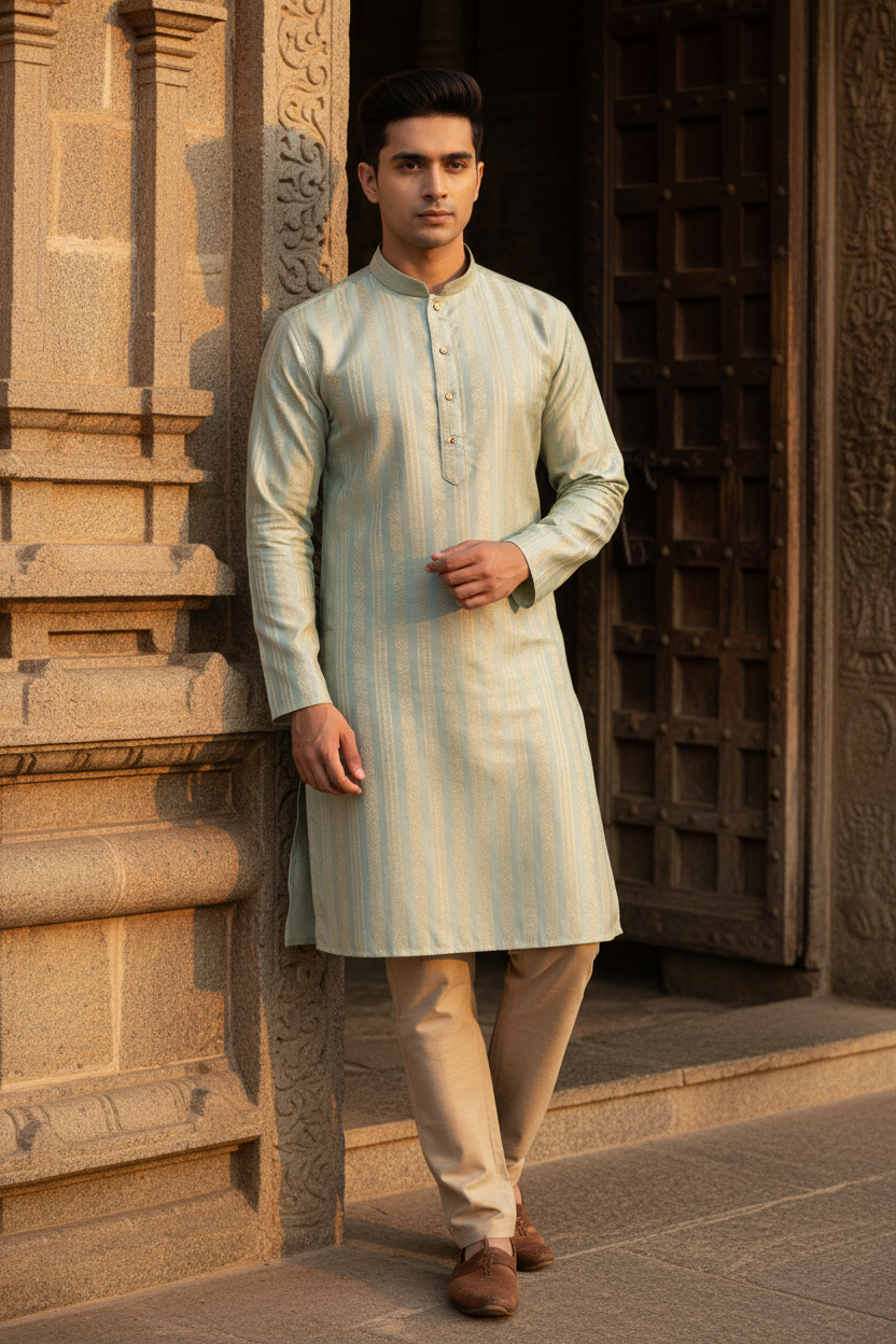 Southloom Green Woven Patterns Semi Silk Short Kurta for Men