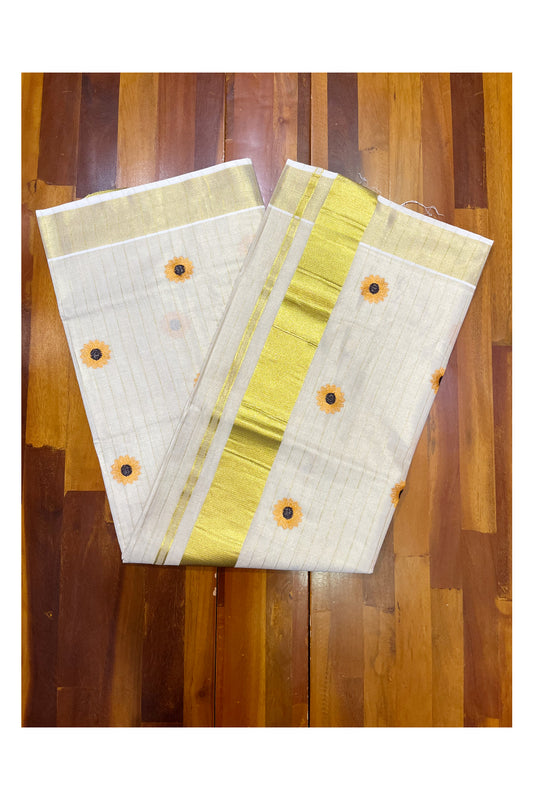 Southloom Kerala Tissue Kasavu Lines Saree with Yellow Floral Embroidery Works on Body