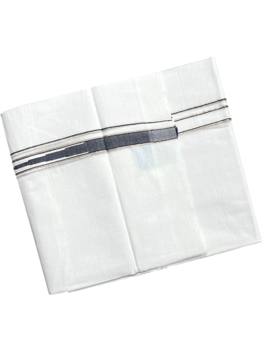 Southloom Pure White Cotton Double Mundu with Silver and Blue Chutti Kara (South Indian Dhoti)