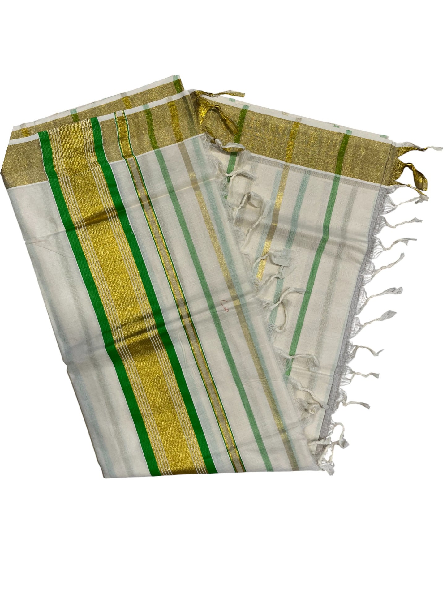 Southloom Kerala Cotton Kasavu Saree with Gold And Green Lines on Body