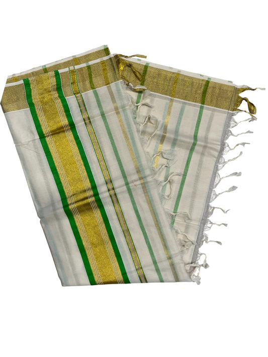Southloom Kerala Cotton Kasavu Saree with Gold And Green Lines on Body
