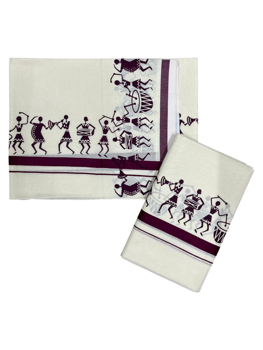 Southloom Pure Cotton Kerala Single Warly Print Set Mundu (Mundum Neriyathum) Purple Border in 2.50 mtrs  SL246