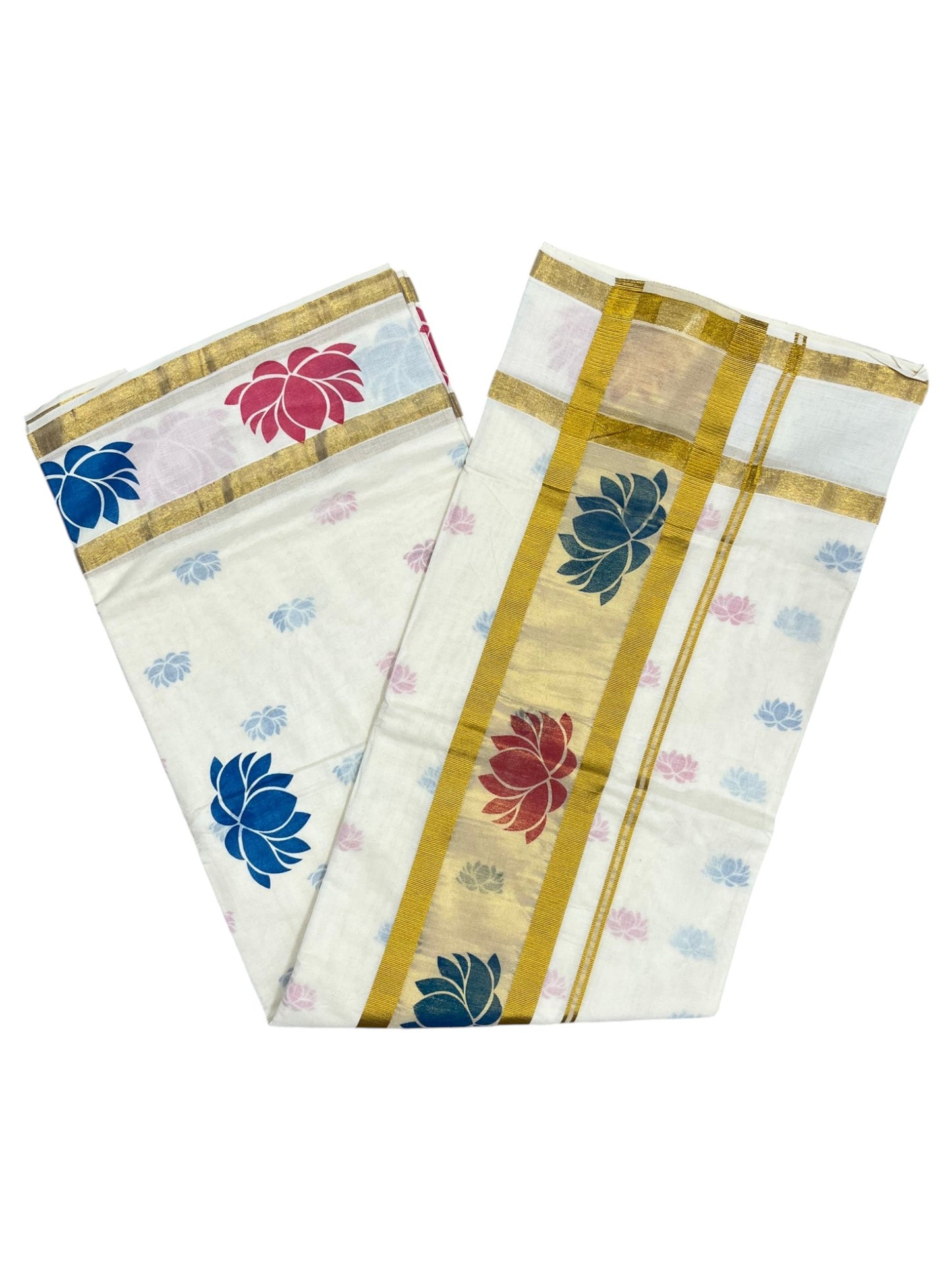 Southloom Cotton Kerala Kasavu Saree with Lotus Block Prints on Body and Border in Blue and pink