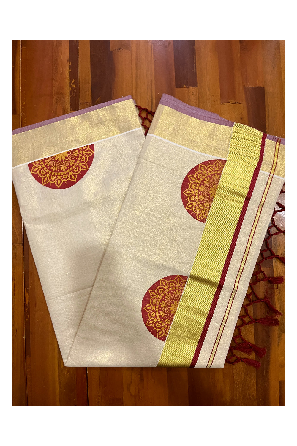 Kerala Tissue Kasavu Saree with Brown Block Prints and Kasavu Maroon Border